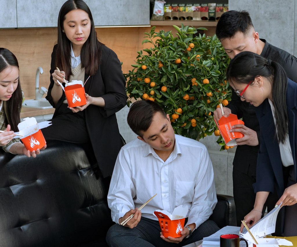 a tech team having lunch